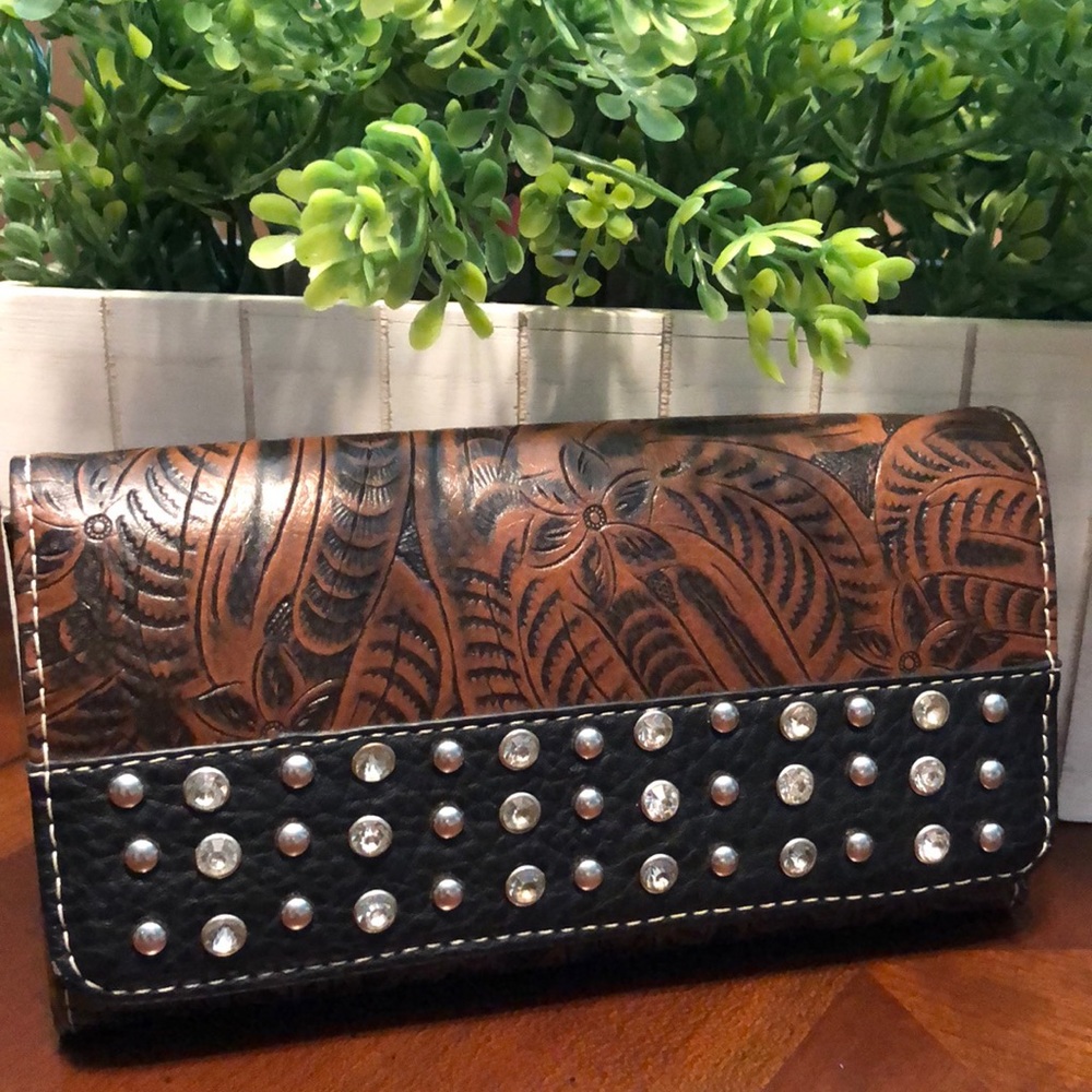 P&G Faux Leather rhinestone and silver studded tri fold wallet